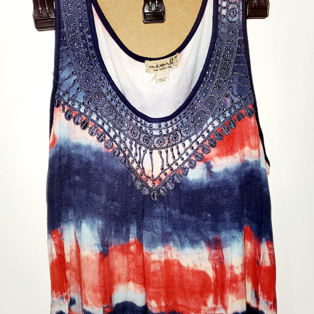 ONE WORLD Navy, Red & White Tie-Dye Beaded Tank